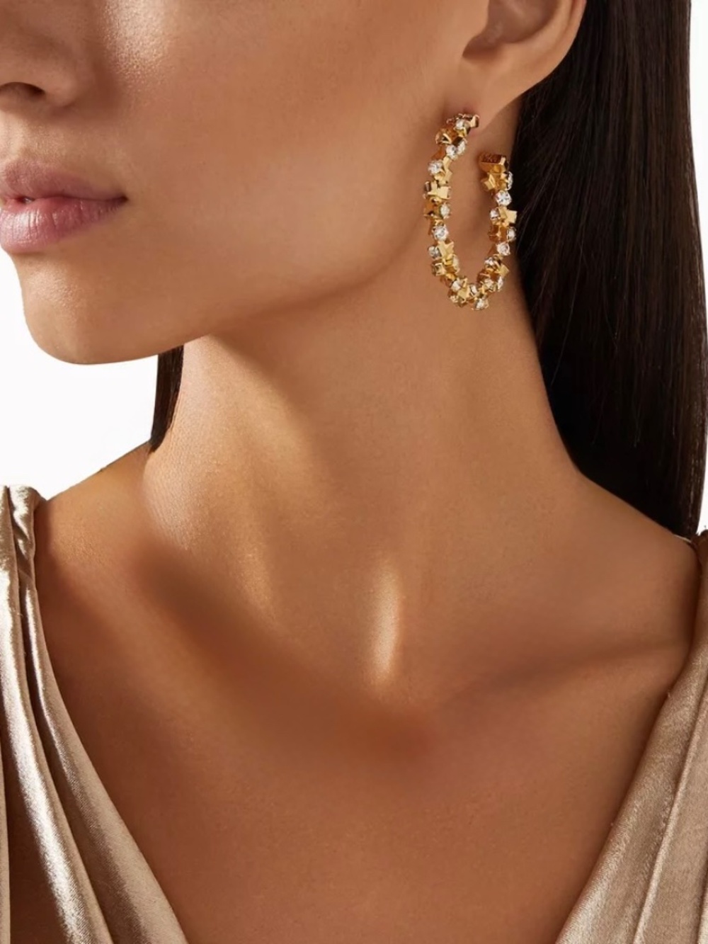 Gas Bijoux Trevise Gold Plated Crystal Embellished Hoop Earrings Pierced Ears